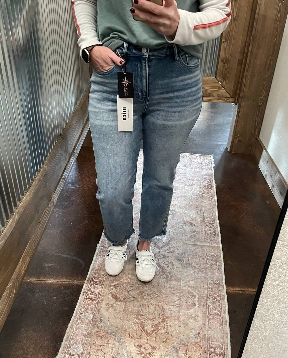 NEW MICA DENIM high rise raw hem cropped jeans in medium wash